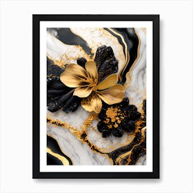 Gold And Black Marble Flower 1 Art Print