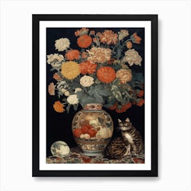 Chrysanthemums With A Cat 3 William Morris Style Art Print
