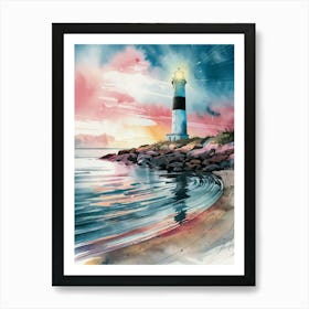 Lighthouse At Sunset,Anime Art Lofi Art Print