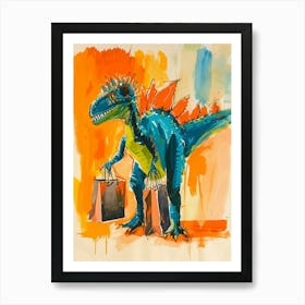 Dinosaur Shopping Orange Blue Brushstrokes  1 Art Print