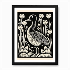 B&W Bird Linocut Duck 2 Art Print