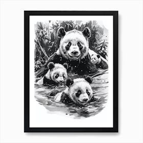 Giant Panda Family Swimming In A River Ink Illustration 4 Art Print