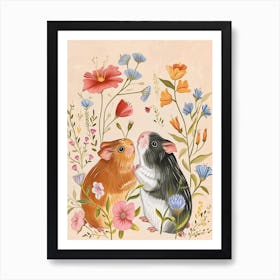 Folksy Floral Animal Drawing Guinea Pig Art Print