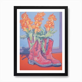 A Painting Of Cowboy Boots With Snapdragon Flowers, Fauvist Style, Still Life 8 Art Print