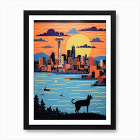 Seattle, United States Skyline With A Cat 2 Art Print