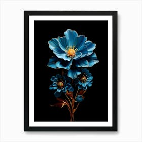 Blue Flowers On Black Background Art Print