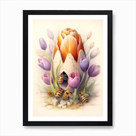 Beehive With Tulips Watercolour Illustration 1 Art Print