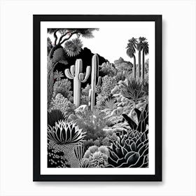 Desert Botanical Garden, Usa Linocut Black And White Vintage Art Print