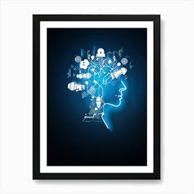 Abstract Concept Art Of A Silhouetted Head Outlined Against A Backdrop Of Light Bulbs And Gears Sym (5) Art Print