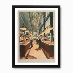 Customers In A Market Hall Illustration Art Print