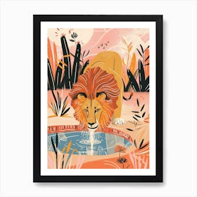 African Lion Drinking From A Watering Hole Illustration 4 Art Print