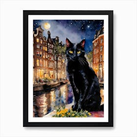 Black Cat in Old Amsterdam - Black Cat Travels Series - Iconic Holland Dutch Netherlands Canals Cityscapes Traditional Watercolor Art Print Kitty Travels Home and Room Wall Art Cool Decor Klimt and Matisse Inspired Modern Awesome Cool Unique Pagan Witchy Witches Familiar Gift For Cats Lady Animal Lovers World Travelling Genuine Works by British Watercolour Artist Lyra O'Brien Art Print