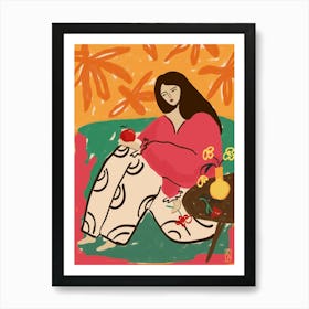 Abstract woman with apple art print, Vibrant retro poster, Modern Сontemporary Art Print