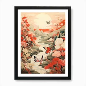 Red Flowers & Sun Japanese Style Painting Art Print