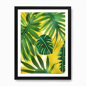 Yellow Background Jungle Tropical Oils Style Leaves Flora Rainforest Art Print