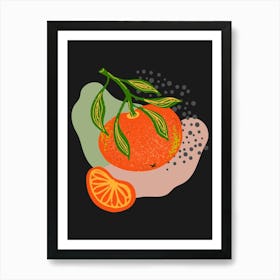 Poster with texture tangerine on a branch with leaves and abstract color spots Art Print