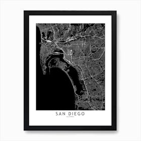 San Diego Black And White Map Art Print