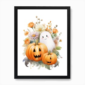 Cute Ghost With Pumpkins Halloween Watercolour 87 Art Print