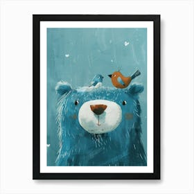 Small Joyful Bear With A Bird On Its Head 10 Art Print