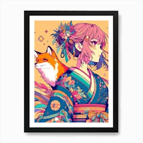 Pretty Anime Girl with Fox 8 Art Print