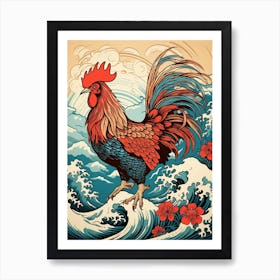 Rooster Animal Drawing In The Style Of Ukiyo E 2 Art Print