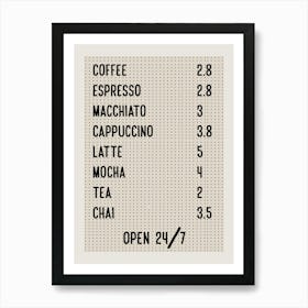 Coffee Shop Menu 1 Art Print