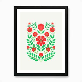 Floral Still Life, Red and Green Flowers Art Print