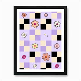 Checkerboard Daisies Lilac Flower Check Art Print