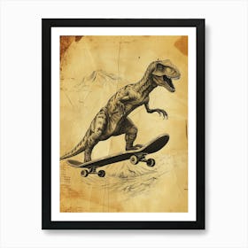 Vintage Compsognathus Dinosaur On A Skateboard 2 Art Print