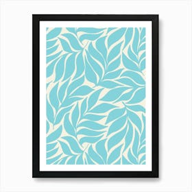 Into The Garden - Blue Wavy Tropical Leaves on Cream White Art Print