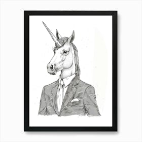 Unicorn In A Suit & Tie Black And White Doodle 1 Art Print