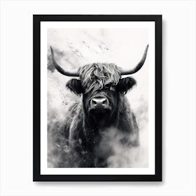 Black & White Illustration Of Highland Bull Affiche