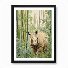 Vintage Illustration Of A Rhino Walking Through The Leaves 4 Art Print