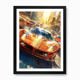 Speed Racing In The City Retro Racing Car Art Print