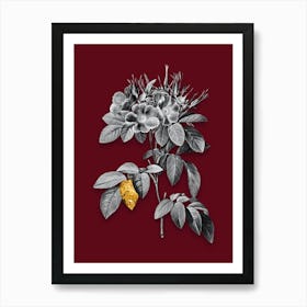 Vintage Pasture Rose Black and White Gold Leaf Floral Art on Burgundy Red n.0657 Art Print