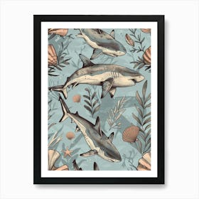 Pastel Blue Squatina Genus Shark Watercolour Seascape Pattern 2 Art Print