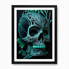 Skull With Neon Accents Linocut Art Print