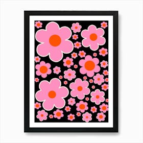 Retro Flower Black Orange Pink Art Print