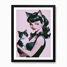 Pinup Girl With Cat Art Print