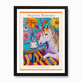 Floral Fauvism Style Unicorn Drinking Coffee 1 Poster Art Print