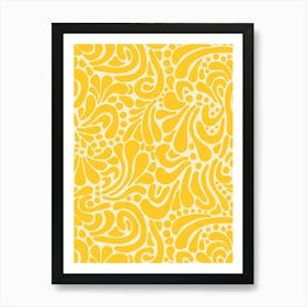 Retro Paisley Doodle Swirls - Golden Yellow on Cream White Art Print