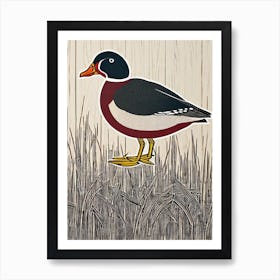 Wood Duck 2 Linocut Bird Art Print