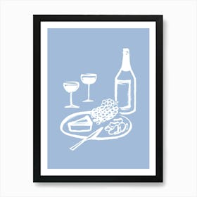 Wine and Cheese Aperitif Kitchen Illustration - White Light Blue Art Print