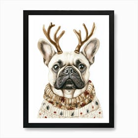 French Bulldog In Christmas Jumper And Antlers Neutral Art Print