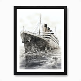 Titanic White Star Pencil Drawing Black And White 2 Art Print