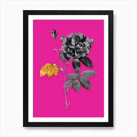 Vintage French Rose Black and White Gold Leaf Floral Art on Hot Pink Art Print