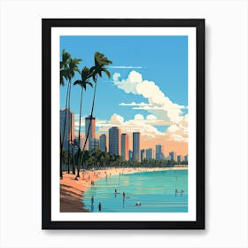 Waikiki Beach Hawaii, Usa, Flat Illustration 3 Art Print
