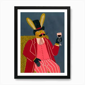 Hare Rabbit with Hat and Glass of Wine Art Print