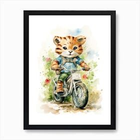 Tiger Illustration Biking Watercolour 2 Art Print