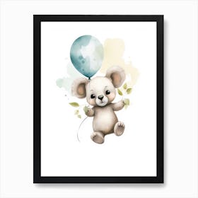Baby Koala Flying With Ballons, Watercolour Nursery Art 3 Art Print